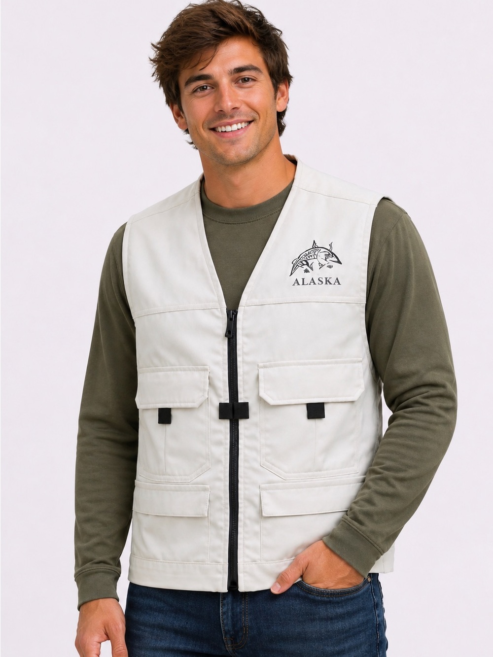 Men's Outdoor Vest - reversible - cream & kaki - Picture 3 of 13